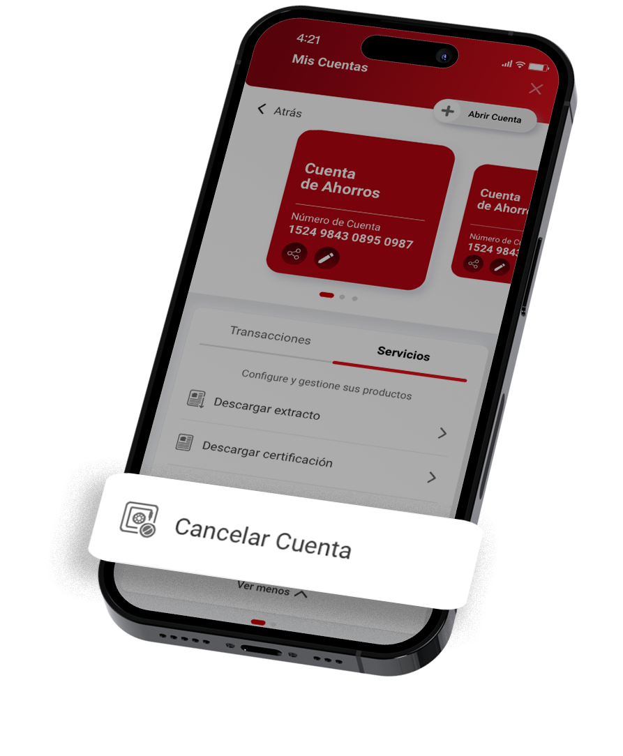 Elija la Cuenta que desea cancelar, seleccione «Servicios» y dé clic en «Cancelar Cuenta».